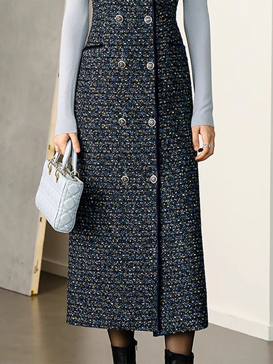 High-End Fashionable Exquisite Tweed Waistcoat Midi Dress