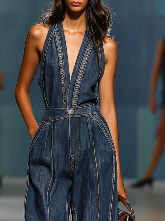 Solid Color Sexy V-neck Open Back Pleated Loose Denim Jumpsuit