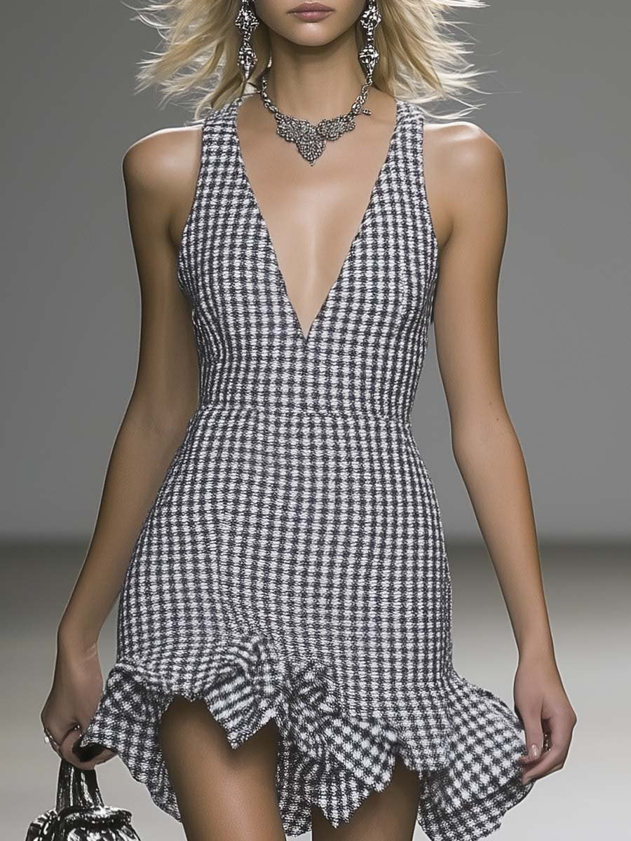 Fashion V-neck Sleeveless Ruffled Hem Houndstooth Mini Dress