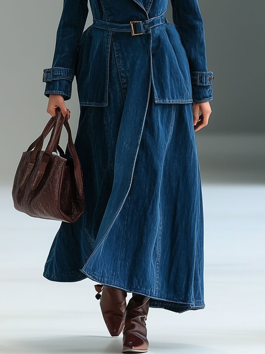 Casual Loose Retro Lapel Lace-Up Denim Trench Coat