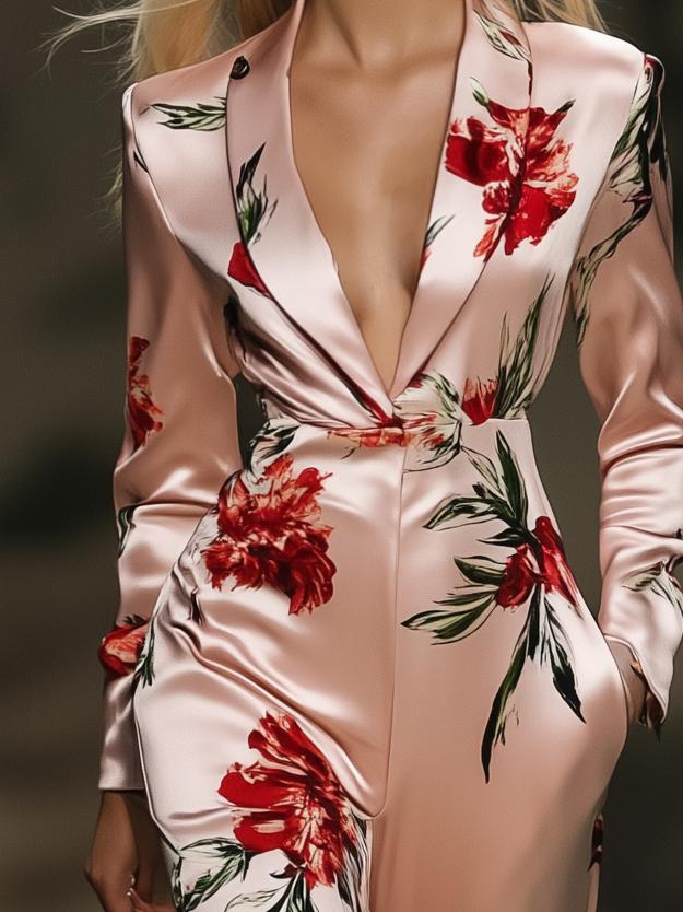 High-End Printed Satin Pink Long-Sleeved Jumpsuit