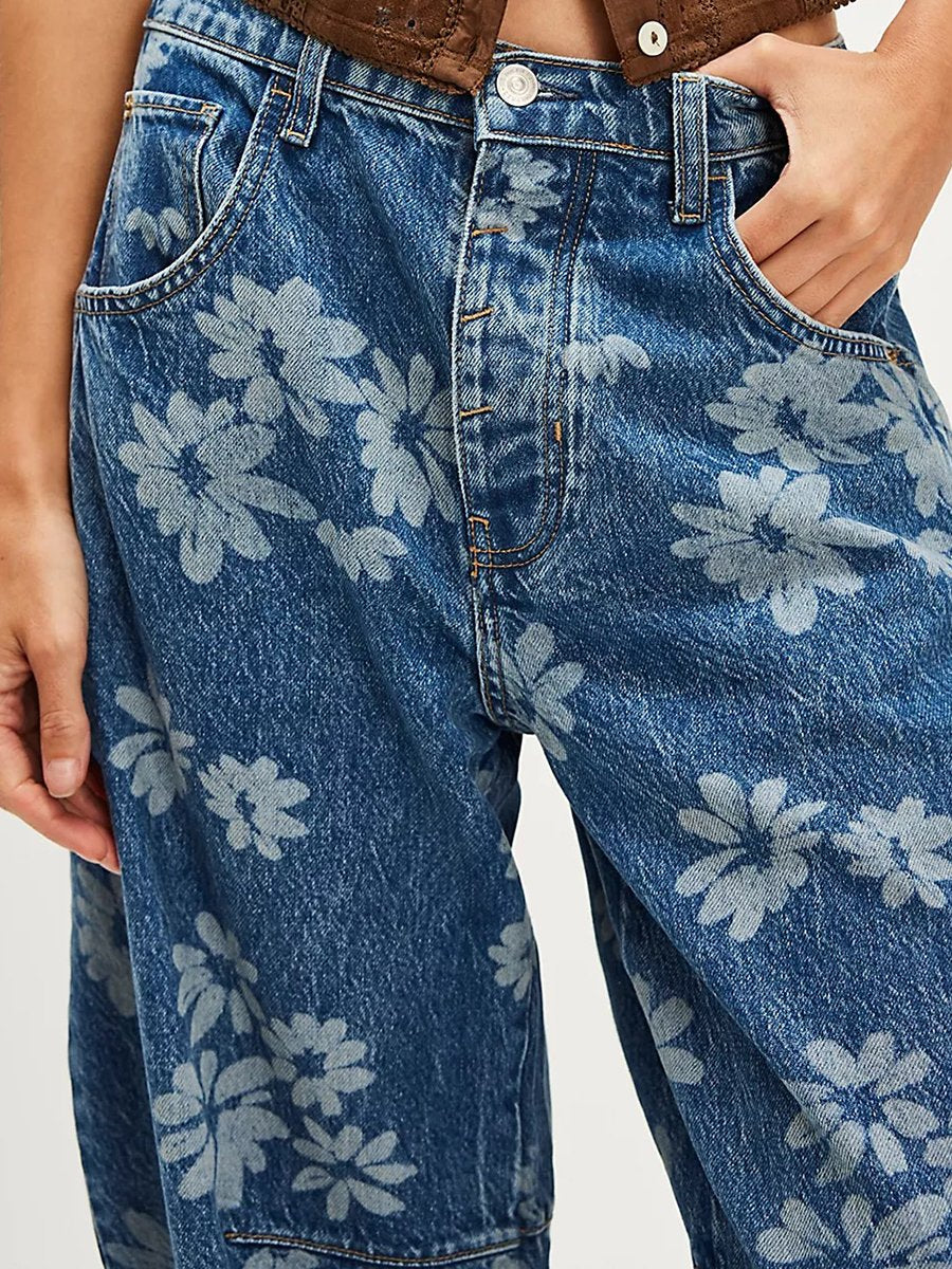 Casual Loose Fashion Floral Printed Denim Pants