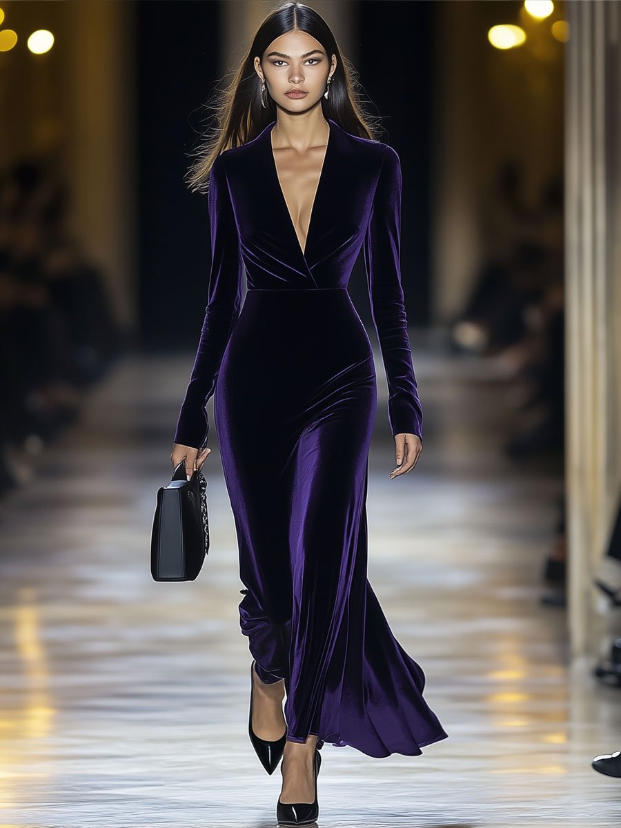 Fashion Retro Purple Velvet V-Neck Long Sleeve Maxi Dress