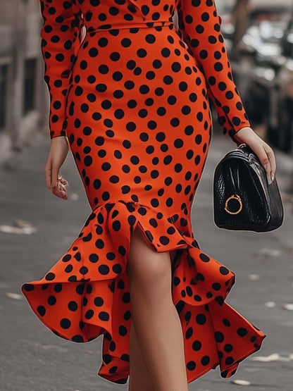 Vibrant V-neck Fishtail Hem Orange Polka Dot Midi Dress