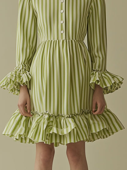 Fashionable Casual Green Striped Ruffled Mini Dress