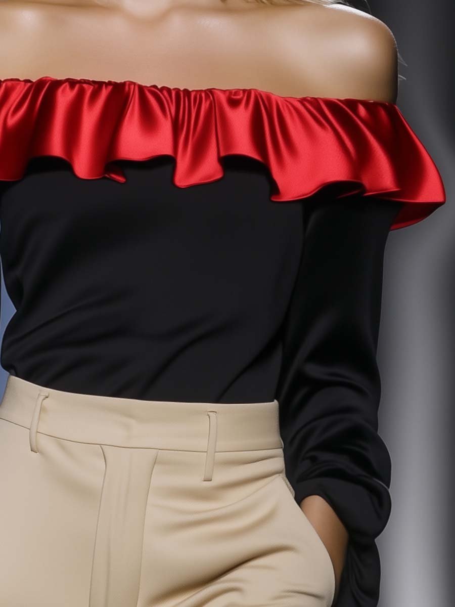 Elegant and Stylish Off-the-shoulder Red Ruffled Black T-shirt