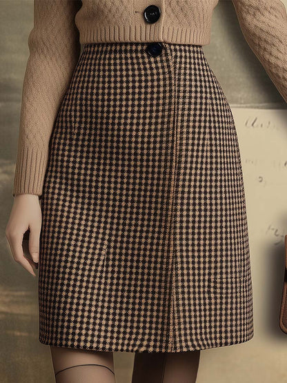 Fashion Retro Button Houndstooth Short Woolen Skirt