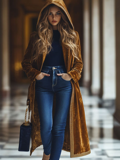 Casual Loose Retro Velvet Gold-Rimmed Hooded Mid-Length Coat