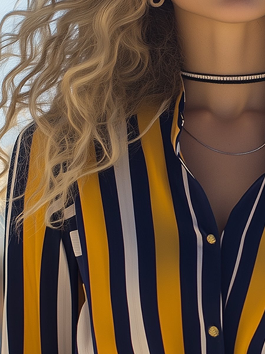 Retro Casual Fashionable Blue And Yellow Striped Shirt