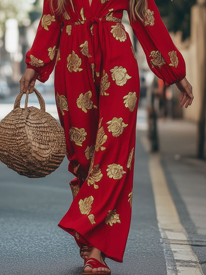 Casual Cotton and Linen Gold-stamped Rose Printed Long-sleeved Lace-up Flared Jumpsuit