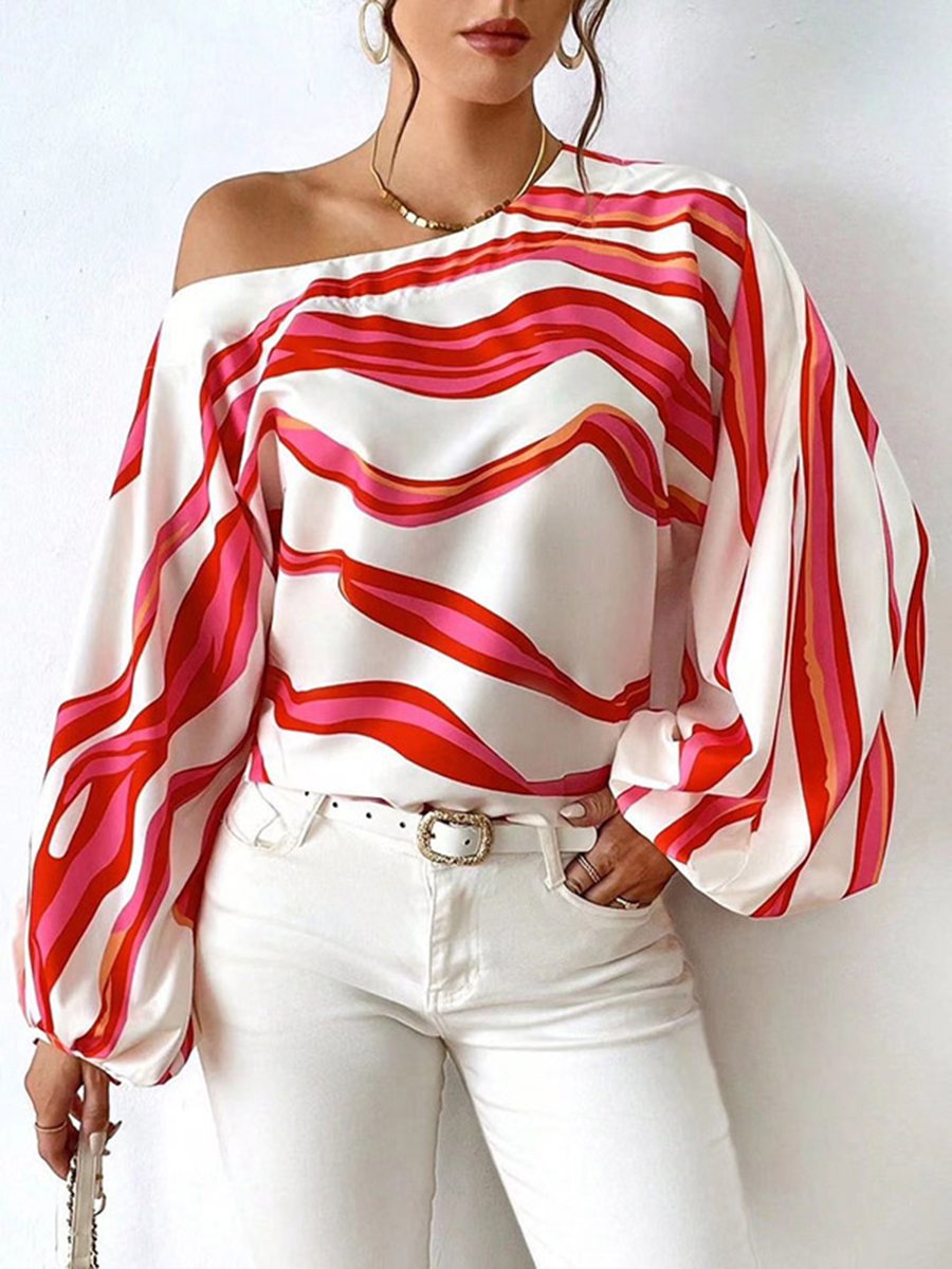 Loose Temperament Off-shoulder One-shoulder Collar Printed Shirt