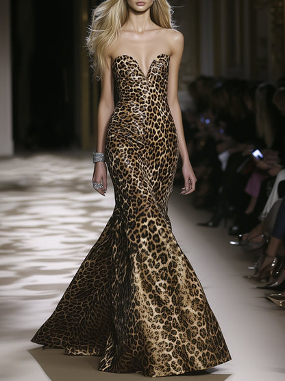 Sexy and Stylish Leopard Print Bandeau Fishtail Maxi Dress