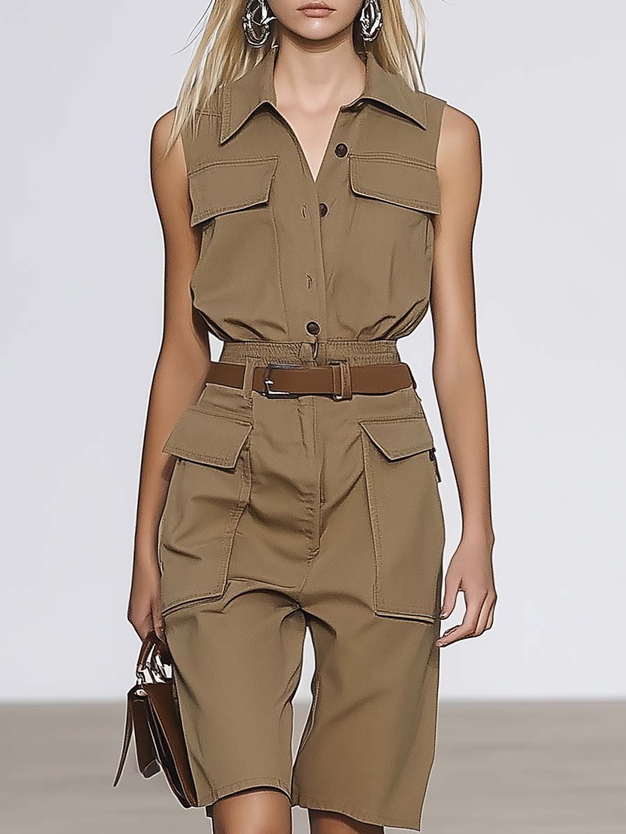 Personalized Shirt-style Sleeveless Belted Khaki Overalls Short Jumpsuit