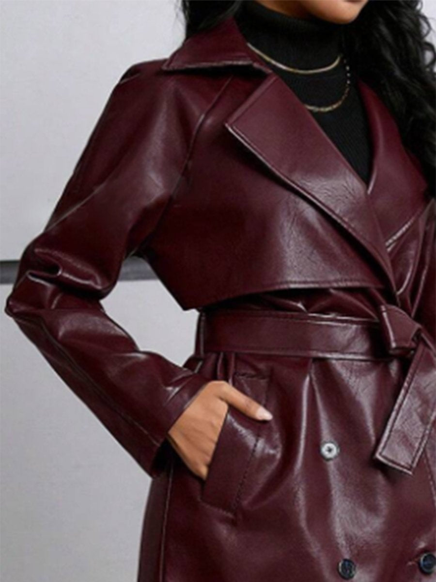 High-End Loose Fashionable Elegant Lapel Belt Long Leather Trench Coat