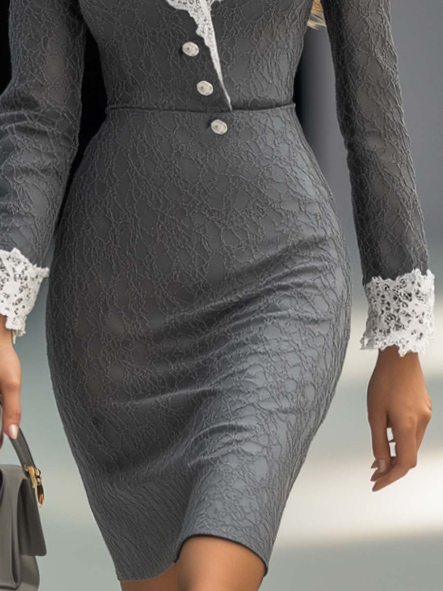 Elegant Commuting Contrast Color V-neck Gray Lace Mini Dress