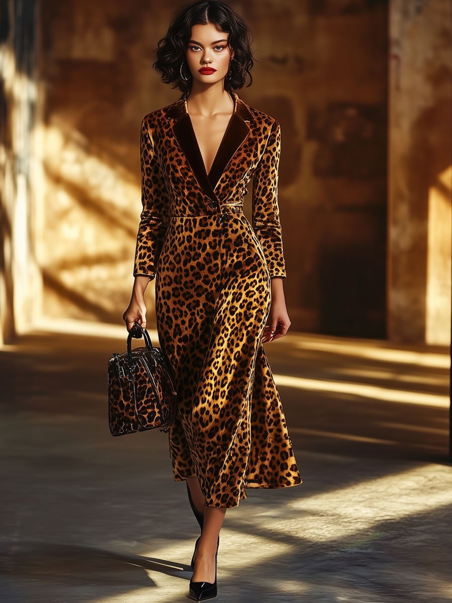 Velvet Leopard Print Lapel Long Sleeve Fashion Party Midi Dress