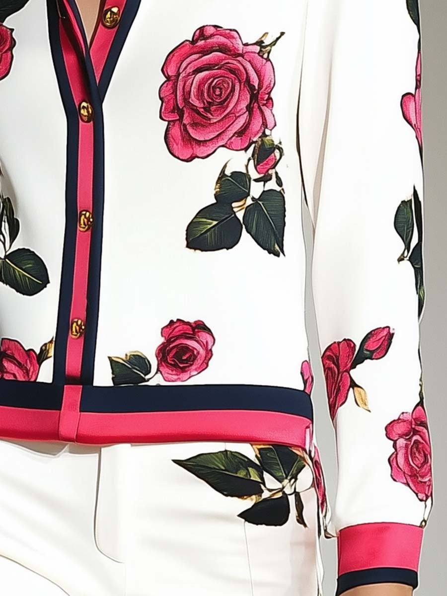 Fashionable Personality Hot Pink Contrast Edge Rose Print White Shirt