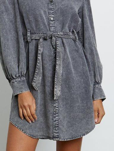 Relaxed Loose Denim Belted Long Sleeve Mini Dress