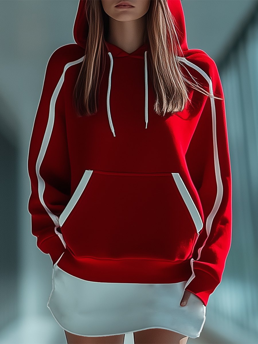 Sporty Fashion Red and White Colorblock Long Sleeve Hooded Mini Dress