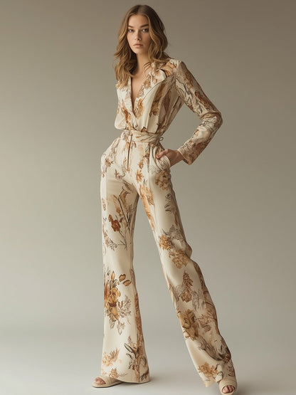 Fashionable Casual Loose Beige Lapel Printed Long-sleeved Jumpsuit