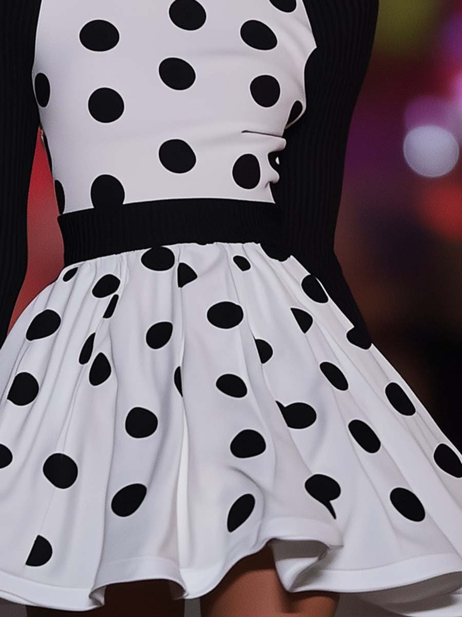 Personalized High Collar Black Polka Dot Print White Mini Dress