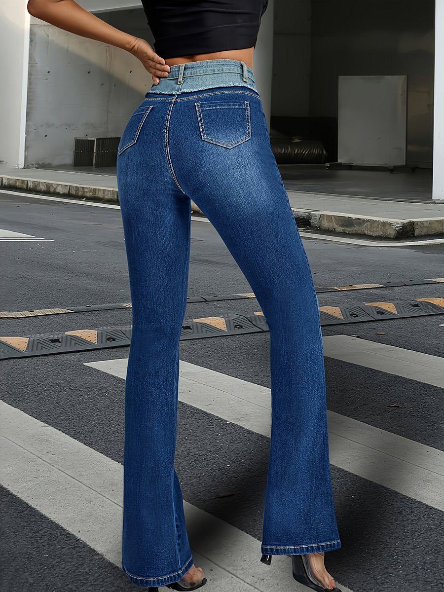 Fashionable Patchwork Contrast Color Denim Flared Pants