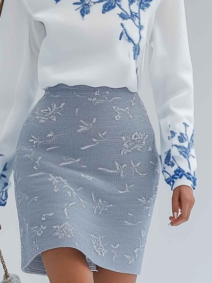 Elegant and Fresh Half-high Collar Embroidered Top and Gray-blue Skirt Set