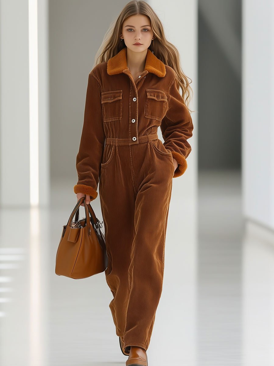 Casual Loose Retro Corduroy Multi-Pocket Fur Collar Long Sleeve Jumpsuit