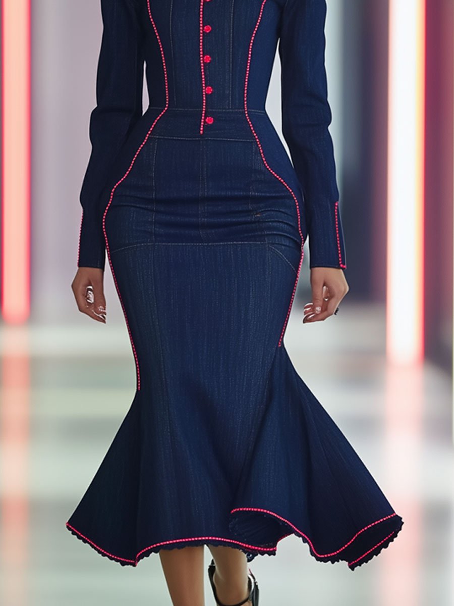 Retro Fashion Long Sleeve Navy Blue Denim Red Topstitched Fishtail Midi Dress