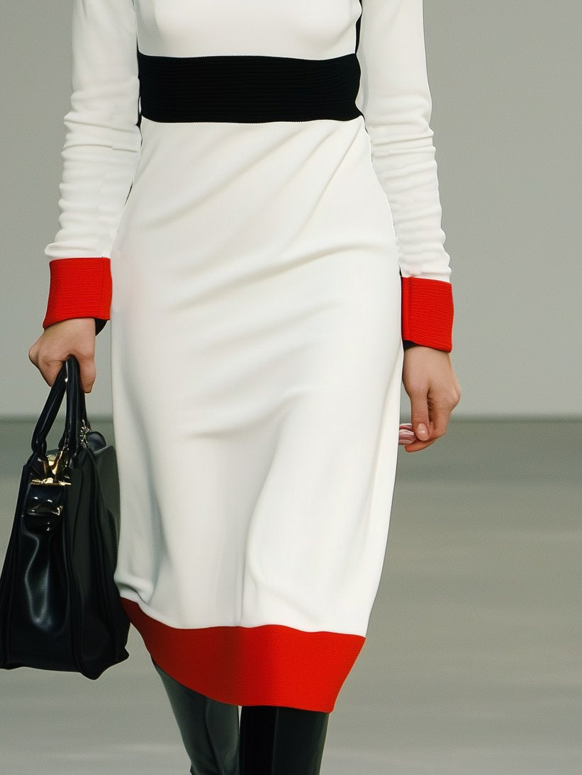 Classic Colorblock Lapel Long Sleeve Midi Dress