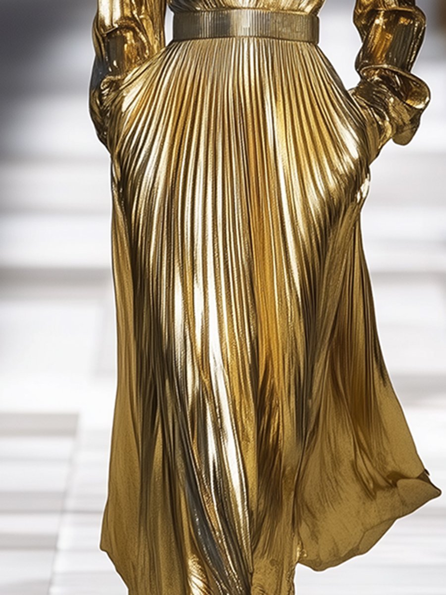 Retro And Fashionable V-Neck Gold Satin Maxi Dress