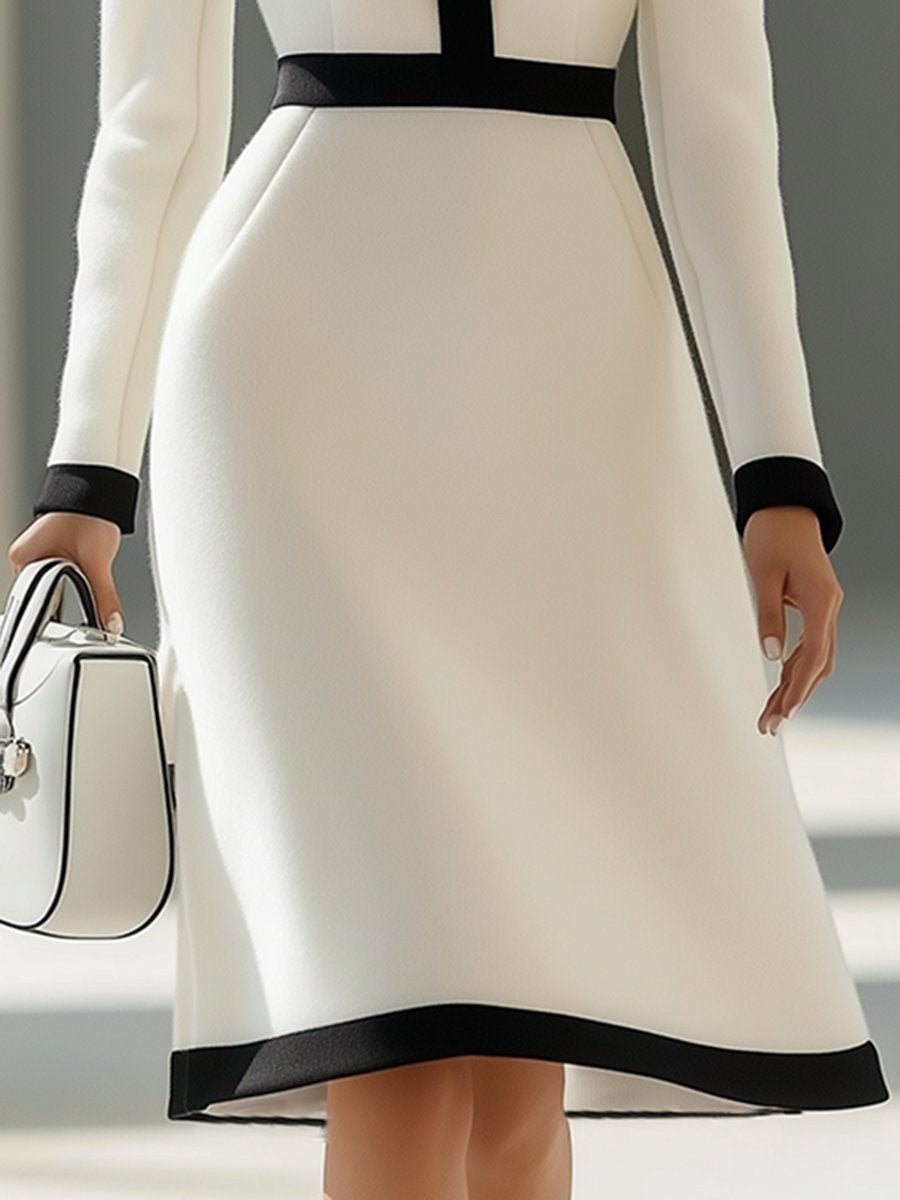 Elegant Fashionable And High-End Black Lapel White Woolen Midi Dress