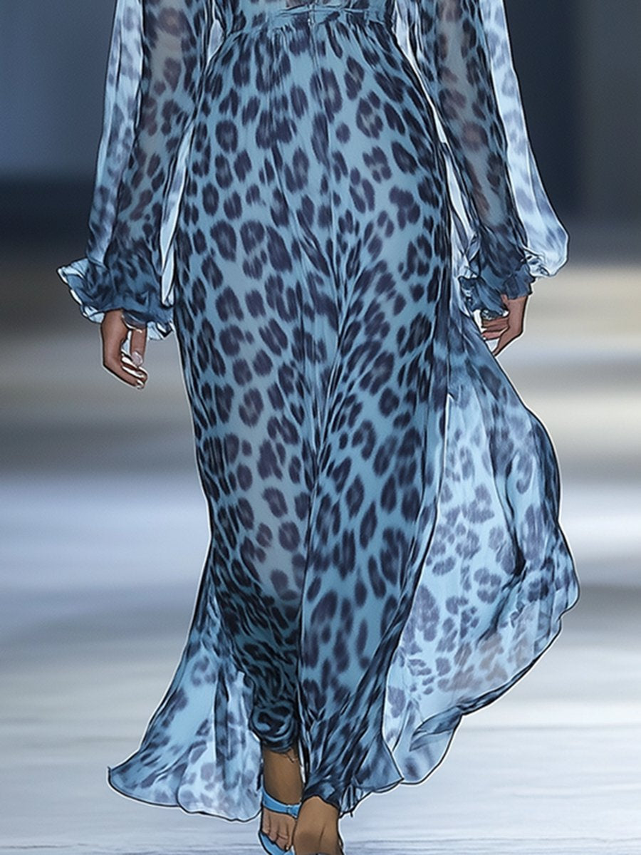 Wild Gentle And Fashionable Blue Leopard Chiffon Maxi Dress