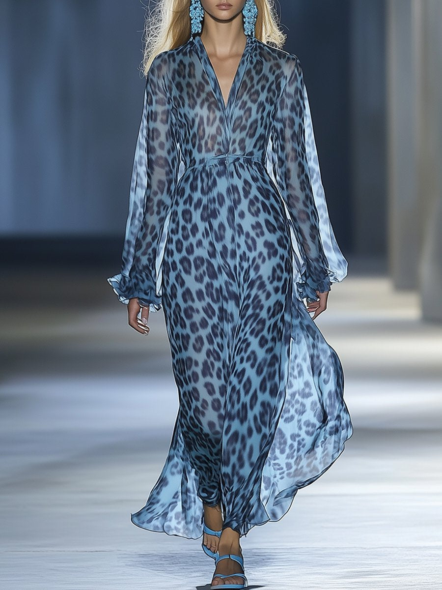 Wild Gentle And Fashionable Blue Leopard Chiffon Maxi Dress