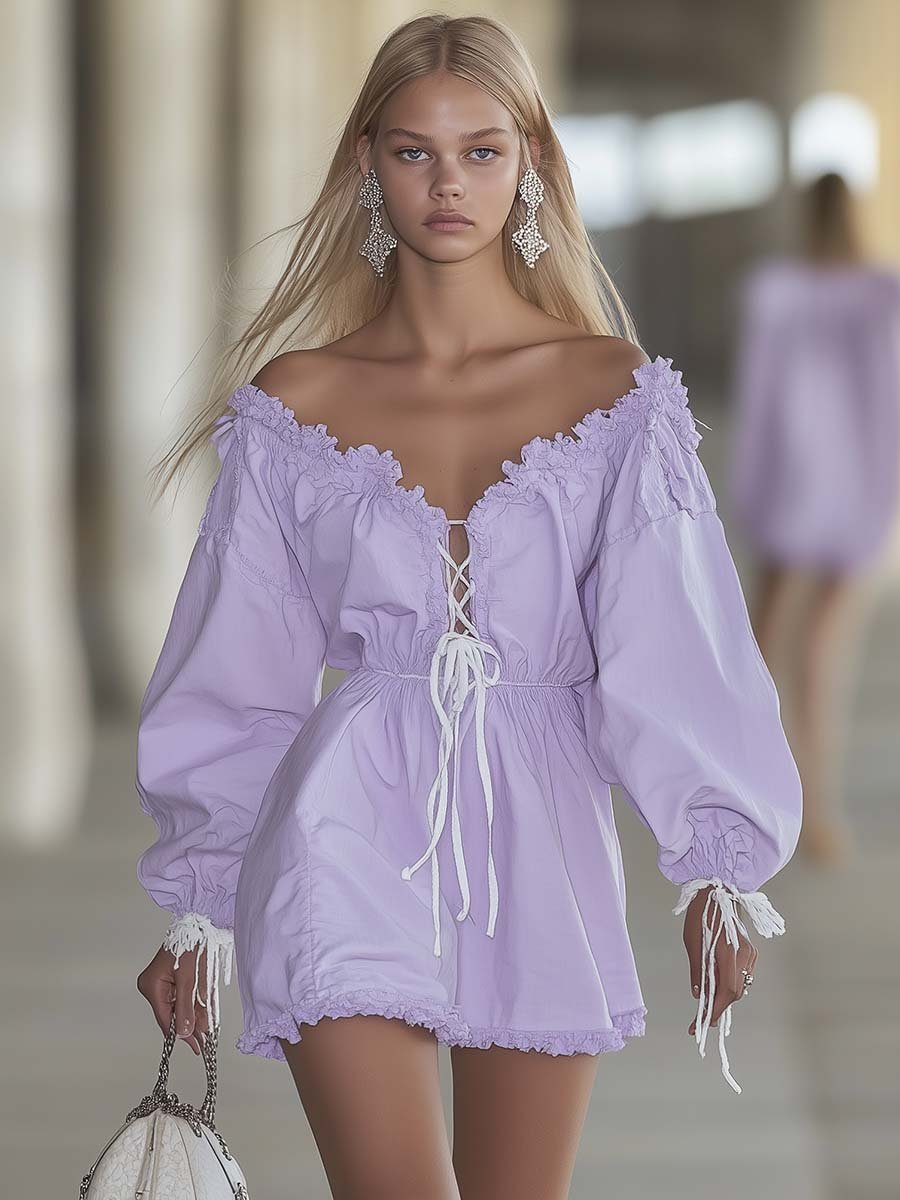 Fresh and Fashionable Off-shoulder Chest Tie Lavender Mini Dress