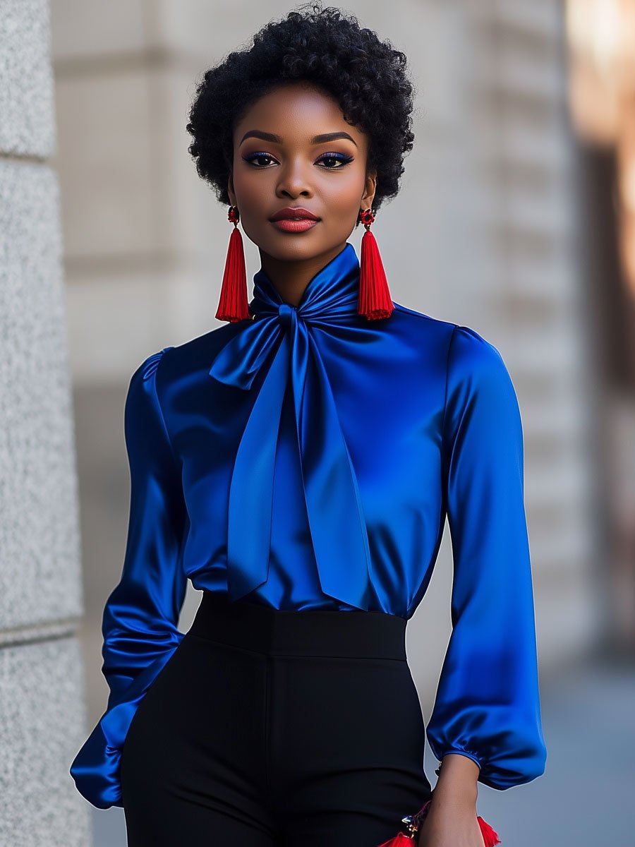 Retro Fashion Royal Blue Satin Lace-up Long Sleeve Blouse