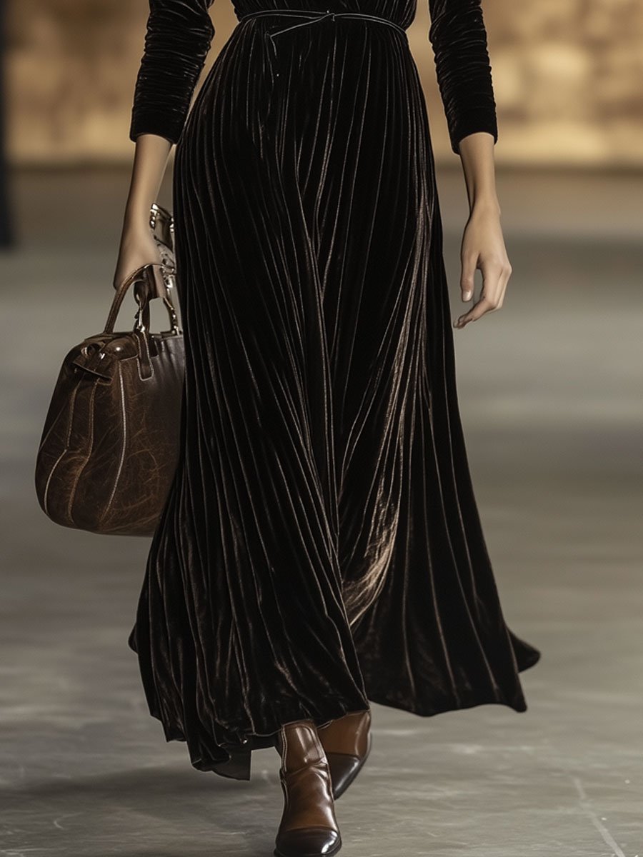 【24-hour shipping】V-Neck Retro Solid Color Belted Velvet Long-Sleeved Maxi Dress