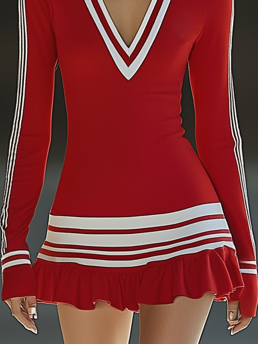 Fashionable Sports White Striped Red V-neck Long Sleeve Mini Dress