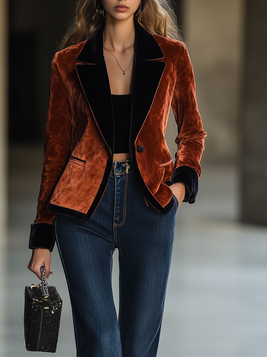 Casual Loose Vintage Velvet Contrast Lapel Pocket Blazer