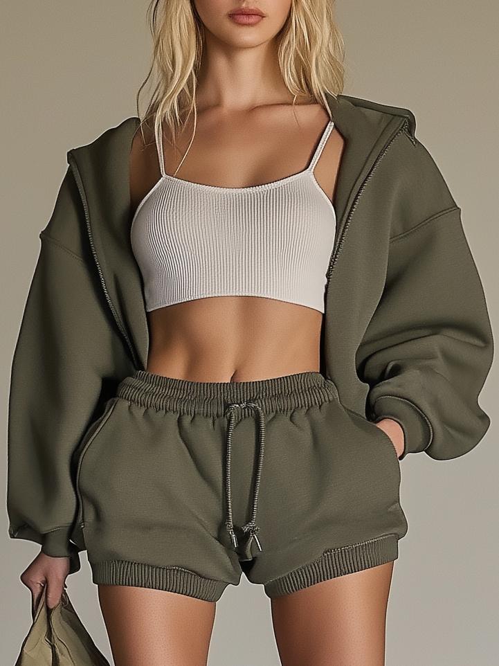 Fashion Loose Sports Hooded Zipper Jacket Shorts Set