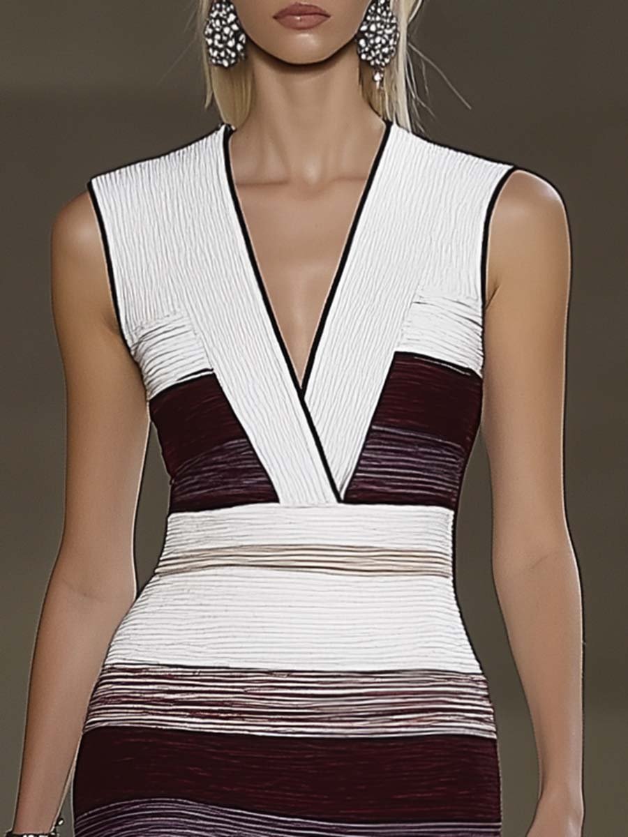 Fashion V-neck Sleeveless Burgundy Stripes Contrast White Knitted Midi Dress