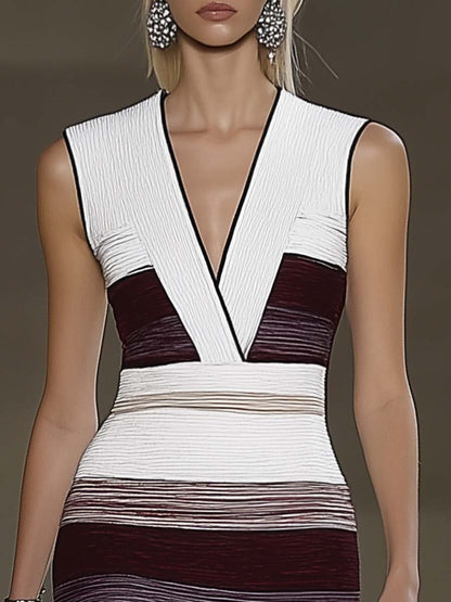 Fashion V-neck Sleeveless Burgundy Stripes Contrast White Knitted Midi Dress