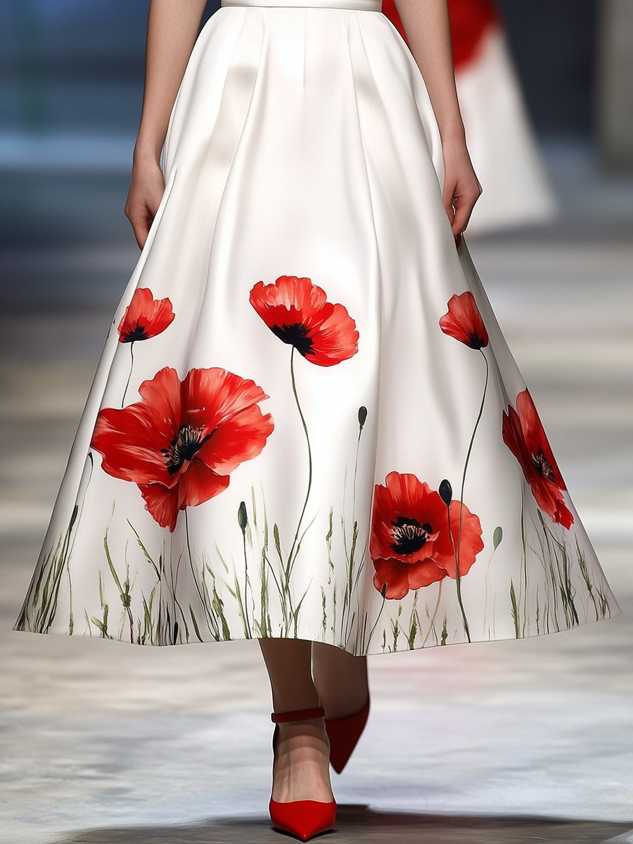 Retro And Fashionable Poppy Print A-Line Skirt