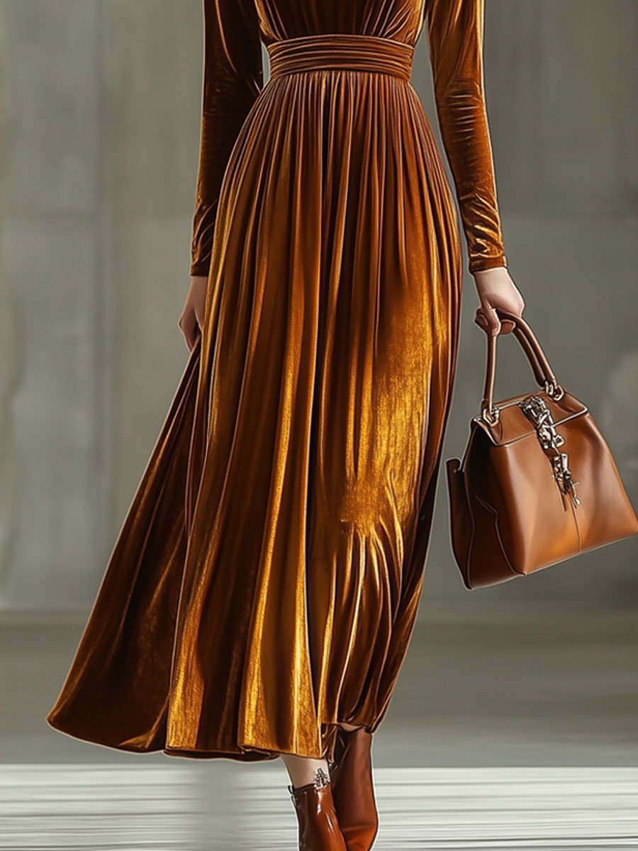 Fashion Loose Round Neck Solid Color Velvet Long Sleeve Maxi Dress