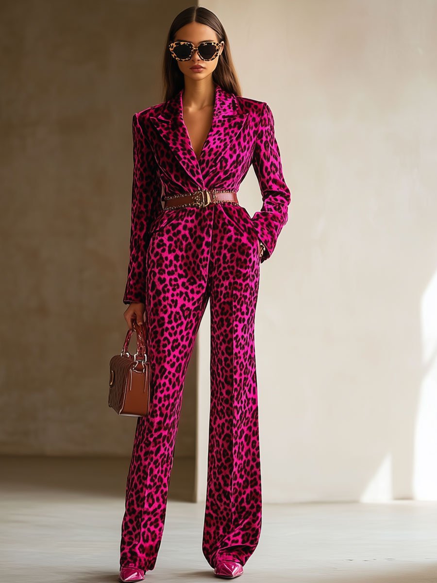 Casual Loose Retro Velvet Leopard Print Lapel Long Sleeve Jumpsuit