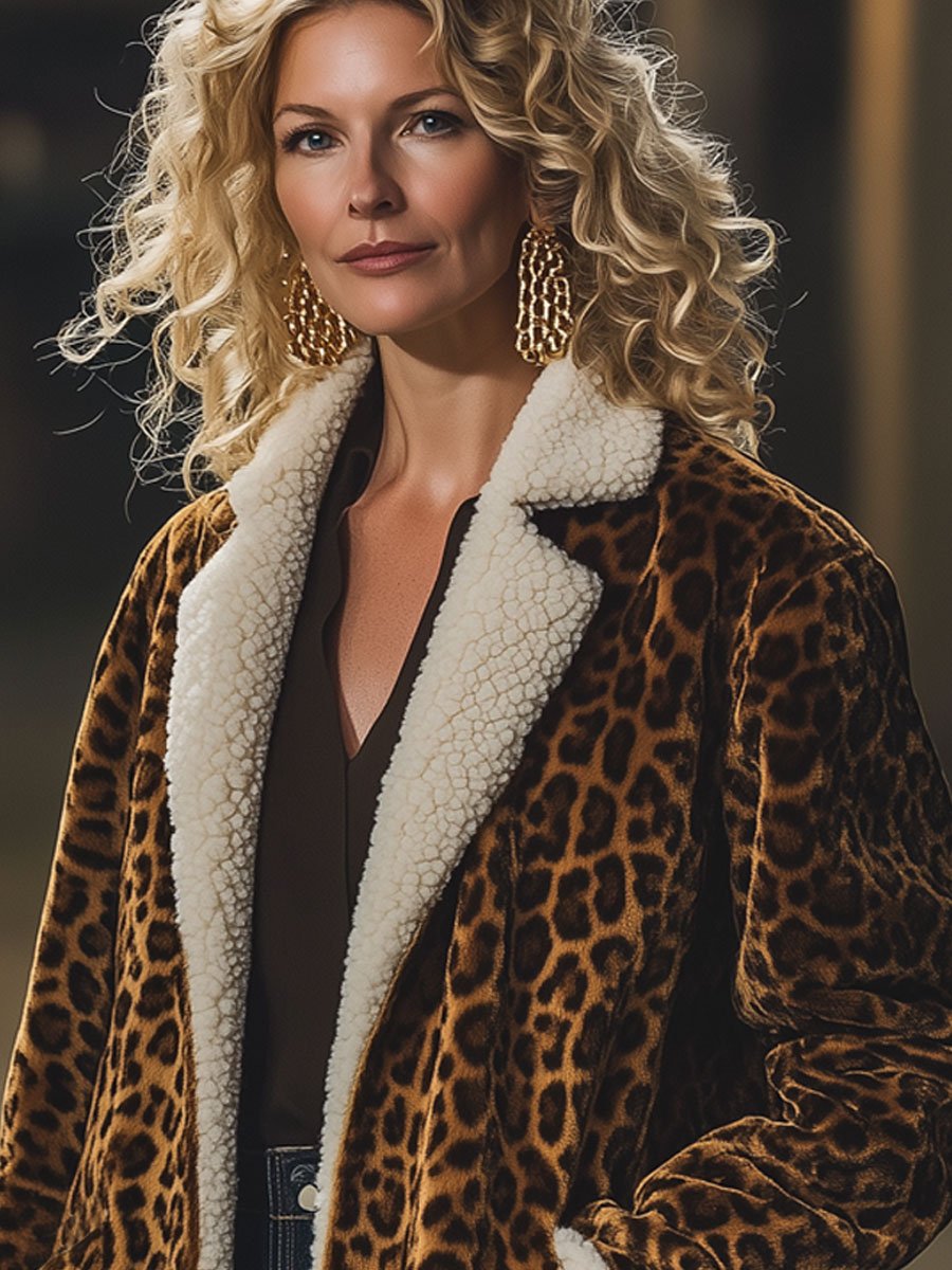 Casual Loose Retro Velvet Leopard Print Lambskin Patchwork Coat