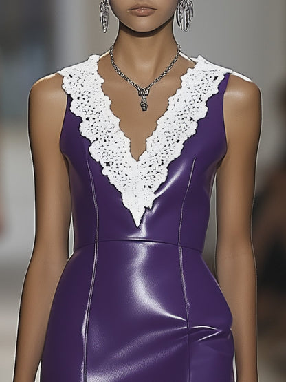 Charming V-neck Lace Trim Purple Leather Vest Mini Dress