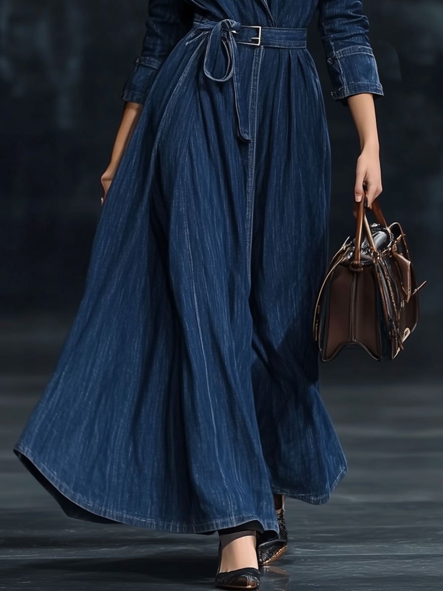 【24-hour shipping】Casual Retro Belted Denim Long Sleeve Maxi Dress Style Trench Coat