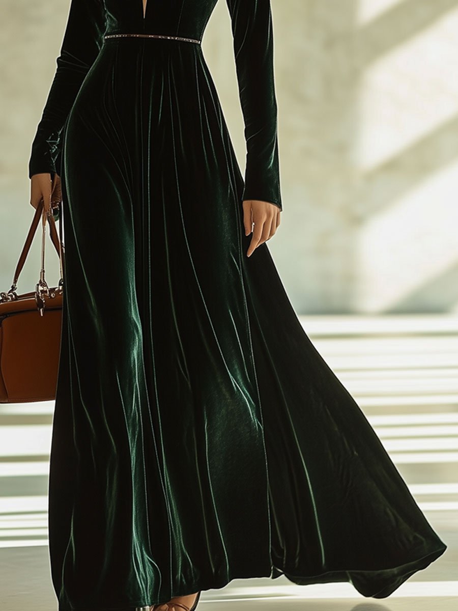 Retro Fashion Velvet Hollow Long Sleeve Maxi Dress