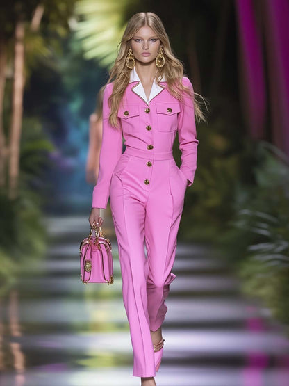 Exquisite and Elegant Contrast Lapel Pink Jumpsuit